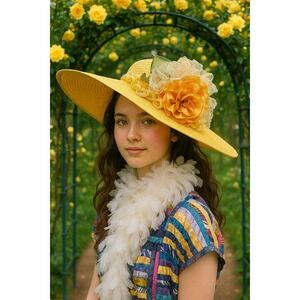 Vintage Straw Wide Brim Kentucky Derby‎ Hat Floral Feather Church Occasion